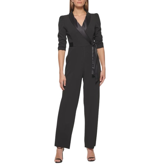 DKNY Jumpsuit, long sleeve crepe, satin collar. Size 4 - Picture 1 of 16